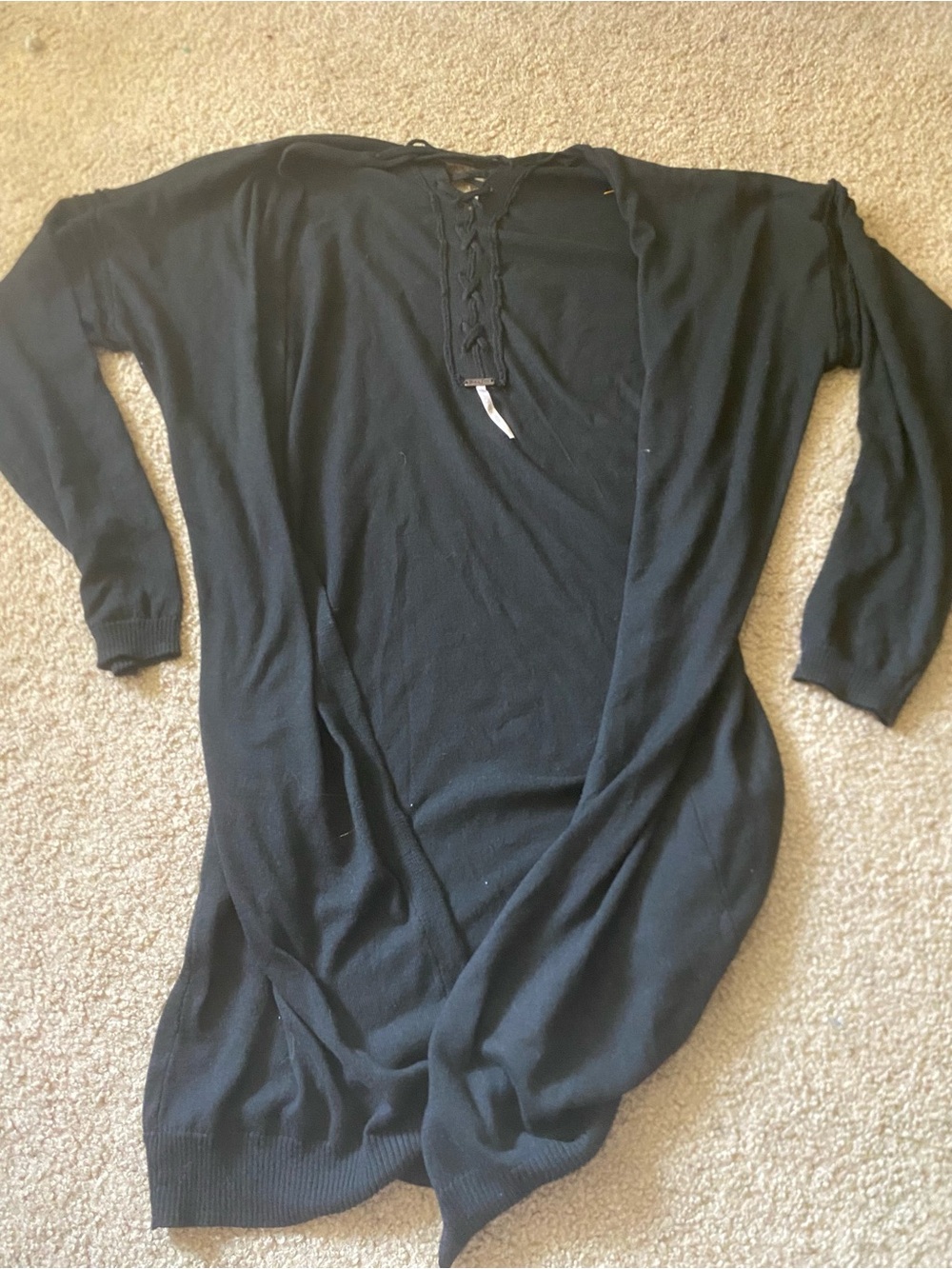 Poof! Apparel Black Open Front Lace Up V-Neck Relaxed Knit Cardigan Medium